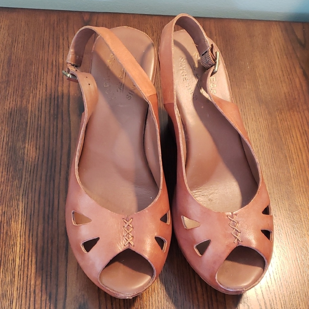 SUNDANCE  Kork-Ease Tan Leather Slingback Sandals with Peep-Toe